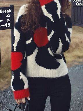 Women's Abstract Colorblock Sweater - Black, White & Red